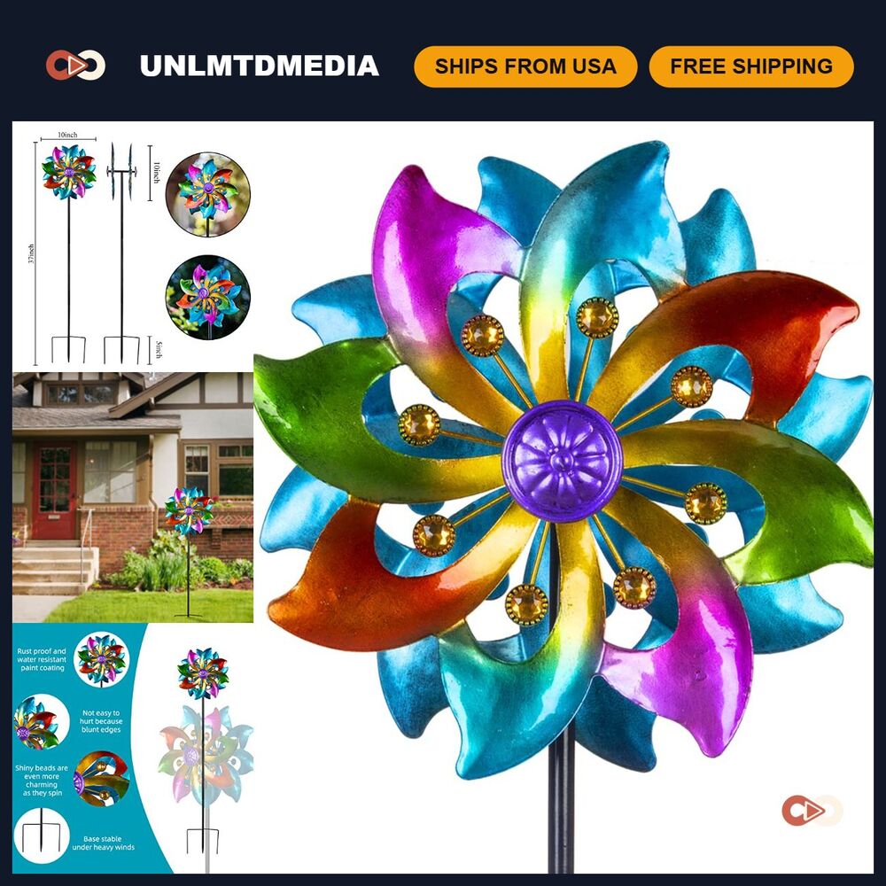 Colorful 37" Metal Wind Spinner - Kinetic Garden Sculpture, Outdoor Yard Art Dec